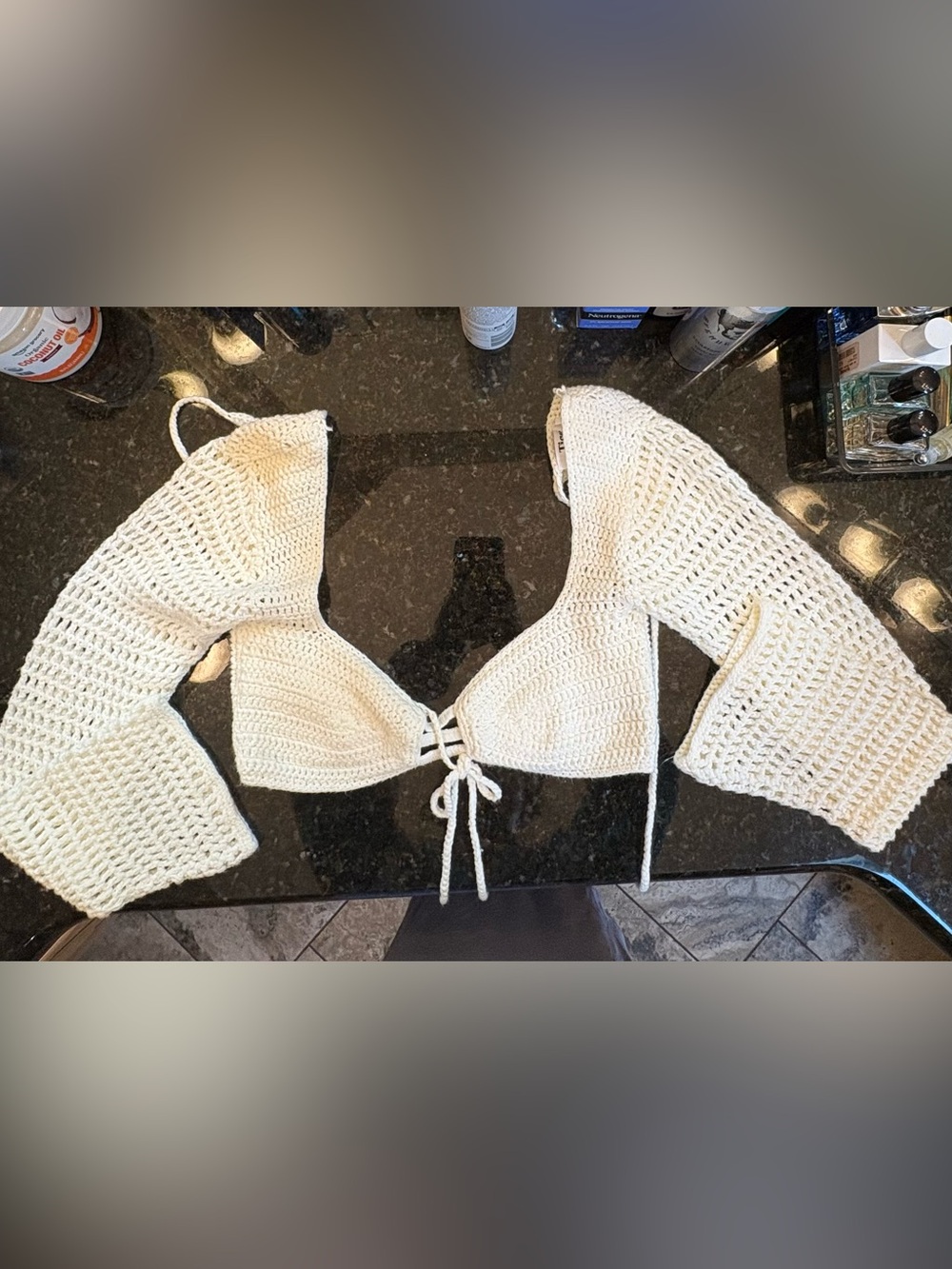 Tiger Mist Cream Tie Back Crochet Mini Crop Top